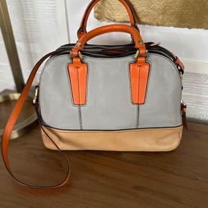 Stunning Oryany Leslie Leather Bag - Grey with Vibrant Orange Accents